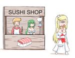  2girls :d apron bag bangs bare_shoulders blonde_hair blood blood_from_mouth bloody_clothes blush_stickers breasts brown_shirt closed_mouth collarbone comic dress elbow_gloves eyebrows_visible_through_hair food food_stand gloves greenteaneko hair_between_eyes head_fins highres holding holding_knife jewelry knife large_breasts light_brown_hair long_hair long_sleeves medium_breasts mermaid monster_girl multiple_girls open_mouth original pantyhose pendant plastic_bag ring scales shirt silent_comic smile strapless strapless_dress sushi tail turn_pale very_long_hair walking wedding_band wedding_ring white_apron white_background white_dress white_gloves white_legwear |_| 