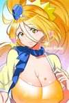  alternate_breast_size blue_hat breasts character_name cleavage closed_mouth covered_nipples cure_etoile earrings eyebrows_visible_through_hair garrison_cap hat heart highres hugtto!_precure jewelry kagayaki_homare large_breasts long_hair looking_at_viewer magical_girl orange_eyes orange_hair precure rumo scarf smile solo star star_earrings upper_body 