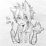  animal_ears bandaged_arm bandages birthday_cake cake commentary_request dated drawstring eyebrows_visible_through_hair food food_on_face fork greyscale happy_birthday highres holding holding_fork hood hood_down hoodie licking_lips lineart male_focus monochrome original plate short_sleeves slit_pupils solo tongue tongue_out touyama_(t3yama2) wolf_ears 