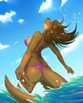  2016 anthro arched_back bikini bikini_bottom bikini_top blue_sky breasts brown_ears brown_fur brown_hair brown_nails brown_nose brown_tail butt clothed clothing cloud digital_media_(artwork) eyebrows eyebrows_visible_through_hair eyes_closed female fur hair happy head_up littlenapoleon long_hair looking_up mammal multicolored_fur mustelid otter partially_submerged pink_bikini pink_bottomwear pink_clothing pink_swimsuit pink_swimwear pink_topwear rear_view sea sky smile solo spread_legs spreading standing swimsuit tan_belly tan_ears tan_fur two_tone_fur water webbed_hands 