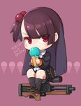  bag black_footwear black_legwear black_skirt blush bullpup chibi collared_shirt commentary_request food full_body girls_frontline gun hair_bobbles hair_ornament holding holding_food ice_cream ice_cream_cone kneehighs long_hair long_sleeves looking_at_viewer mary_janes one_side_up pink_background pleated_skirt purple_hair ran_system red_eyes rifle scope shirt shoes sitting skirt sniper_rifle solo sprinkles translation_request v-shaped_eyebrows very_long_hair wa2000_(girls_frontline) walther walther_wa_2000 weapon white_shirt wing_collar 