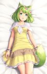  1girl animal_ear_fluff animal_ears aqua_eyes bangs bed_sheet breasts collarbone dress eyebrows_visible_through_hair flower fox_ears fox_tail green_hair hair_flower hair_ornament highres looking_at_viewer lying open_mouth original sasaame shiny shiny_skin short_hair sleeveless sleeveless_dress small_breasts smile solo tail 