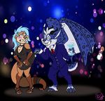  anthro bat_wings blue_eyes blue_fur blue_hair blush bouncyotter breasts brown_fur cleavage clothed clothing dragon duo feline female fur hair horn hybrid jarvis_(darthandroid) lynx male male/female mammal martini_glass membranous_wings mustelid necktie otter shawnthegirl wings 