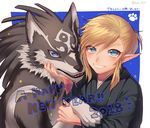  animal blonde_hair blue_eyes japanese_clothes link link_(wolf) long_hair looking_at_viewer loz_017 male_focus new_year smile the_legend_of_zelda the_legend_of_zelda:_breath_of_the_wild the_legend_of_zelda:_twilight_princess wolf 