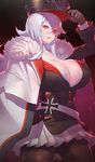  adjusting_clothes adjusting_hat azur_lane black_gloves black_legwear breasts cleavage coat commentary_request eyebrows_visible_through_hair fur-trimmed_coat fur_trim gloves graf_zeppelin_(azur_lane) hat highres large_breasts low_neckline military military_uniform nadare-san_(nadare3nwm) pantyhose peaked_cap red_eyes silver_hair uniform 