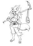  2017 absurd_res anthro bag black_and_white breasts canine clothing digital_drawing_(artwork) digital_media_(artwork) eyelashes female footwear greyscale hair hi_res holding_object holding_weapon jijis-waifus mammal melee_weapon monochrome polearm sandals scythe simple_background sketch solo standing weapon white_background wolf 