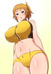  1girl blue_eyes blush breasts brown_hair cameltoe from_below gabayo gundam gundam_build_fighters gundam_build_fighters_try hips hoshino_fumina large_breasts looking_at_viewer navel open_mouth ponytail short_hair solo sports_bikini sports_bra sweatdrop toned 