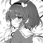  ahoge bangs blush closed_mouth commentary_request eyebrows_visible_through_hair finger_to_mouth from_side greyscale hair_between_eyes hairband heart heart_background komeiji_satori long_sleeves looking_at_viewer minamura_haruki monochrome short_hair smile solo touhou upper_body 