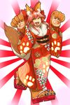  alternate_costume animal_ears breasts cat_paws commentary_request fangs fate/grand_order fate_(series) floral_print fox_ears fox_tail gloves hair_ornament hair_ribbon highres japanese_clothes kimono large_breasts long_hair looking_at_viewer open_mouth paw_gloves paw_pose paw_shoes paws pink_hair red_ribbon ribbon sandals sash shoes solo tail tamamo_(fate)_(all) tamamo_cat_(fate) wide_sleeves yellow_eyes yoroi_kabuto yukata 