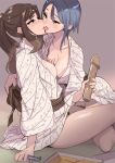  2girls blue-framed_eyewear blue_hair blush box breast_grab breasts brown_eyes brown_hair clothes_lift dildo dytm eye_contact face-to-face french_kiss glasses grabbing green_eyes highres holding holding_dildo holding_eyewear japanese_clothes kimono kimono_lift kiss kouzuki_sanae large_breasts long_hair looking_at_another midorikawa_maki mole mole_under_eye multiple_girls no_bra no_panties nose_blush obi open_clothes open_kimono ponytail pubic_hair sakura_quest sash sitting thighs tongue tongue_out yuri 