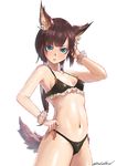  animal_ear_fluff animal_ears arm_up bangs bikini black_bikini blue_eyes bracelet breasts brown_hair closed_mouth commentary_request cowboy_shot eyebrows_visible_through_hair frilled_bikini frills fur_trim hair_tie hand_in_hair hand_on_hip jewelry long_hair looking_at_viewer low_twintails navel original rabidhowl red_ribbon revision ribbon simple_background small_breasts solo standing swimsuit tail twintails twitter_username white_background 