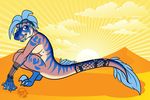  anthro blue_eyes blue_hair bouncyotter breasts claws dinosaur eyewear female goggles hair mostly_nude nipples raptor shawnthegirl solo theropod webbed_hands 