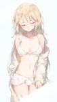  blonde_hair blush bra braid breasts closed_eyes commentary_request eyebrows_visible_through_hair g36_(girls_frontline) garter_straps girls_frontline highres lingerie long_hair panties shuzi small_breasts solo thigh_gap underwear undressing white_background white_bra white_panties 
