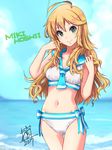  ahoge ass_visible_through_thighs bangs bare_arms bare_shoulders bikini blonde_hair blue_neckwear blue_sky blurry blurry_background bow breasts character_name cleavage closed_mouth cloud cowboy_shot day depth_of_field green_eyes hands_up head_tilt horizon hoshii_miki idolmaster idolmaster_(classic) long_hair looking_at_viewer mistrail neckerchief ocean sailor_bikini sailor_collar sailor_swimsuit_(idolmaster) side-tie_bikini signature sky small_breasts smile solo standing striped striped_bow swimsuit tareme water white_bikini 