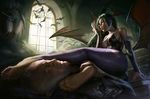  1girl animal_print arm_support bare_shoulders barefoot bat bat_print breasts cleavage detached_sleeves feet green_hair head_wings large_breasts leggings licking licking_hand long_hair morrigan_aensland print_legwear sitting sitting_on_person soles vampire_(game) wang_chen window wings 