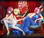  :o ahoge bangs bare_legs blonde_hair blue_dress blue_eyes braid breasts china_dress chinese_clothes cleavage_cutout couch crown_braid dress eyebrows_visible_through_hair fan fate/extella_link fate_(series) fingernails folding_fan francis_drake_(fate) full_body green_eyes hair_bun hair_intakes high_heels jpeg_artifacts large_breasts long_dress long_fingernails lying medium_breasts multiple_girls nail_polish nero_claudius_(fate) nero_claudius_(fate)_(all) pantyhose parted_bangs pink_hair purple_hair red_dress red_eyes scar scathach_(fate)_(all) scathach_(fate/grand_order) short_dress short_sleeves smile wada_aruko white_dress white_legwear 