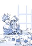 1girl arm_hug bare_shoulders blush breasts cat cleavage drunk fairy_tail food hair_up happy_(fairy_tail) japanese_clothes large_breasts looking_at_another lucy_heartfilia mashima_hiro monochrome natsu_dragneel smile spiked_hair sweat table 