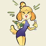 2018 4_fingers alcohol alternate_costume animal_crossing anthro beverage blonde_hair blush breasts canine champagne champagne_glass clothing digital_media_(artwork) dog dress exited eyes_closed female fur hair isabelle_(animal_crossing) itsunknownanon mammal nintendo open_mouth short_hair simple_background solo standing video_games white_background yellow_fur 