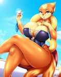  1girl artist_name beach black_swimsuit blue_eyes blue_sky blush breasts chair cleavage cloud day drink drinking_glass dutch_angle female floatzel furry glass half-closed_eyes hand_on_own_chest hands_up holding huge_breasts legs_crossed looking_at_viewer martini_glass mleonheart multiple_tails nail_polish no_humans one-piece_swimsuit outdoors personification pokemon pokemon_(creature) pokemon_dppt shiny_skin sitting sky smile solo strapless strapless_swimsuit sunlight swimsuit tail teeth text thick_thighs two_tails watermark 