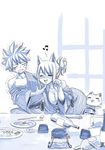  1girl alcohol animal_ears bare_shoulders bottle cat cat_ears commentary drunk fairy_tail happy_(fairy_tail) japanese_clothes lucy_heartfilia mashima_hiro monochrome natsu_dragneel no_bra off_shoulder smile table trembling wine_bottle 