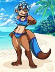  anthro beach blue_eyes blue_hair bouncyotter breasts brown_fur clothed clothing eyewear female fur goggles hair mammal midriff mustelid navel otter seaside shawnthegirl solo swimsuit webbed_hands 