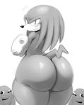  2018 absurd_res anthro big_butt blush butt clothing echidna gloves hi_res huge_butt knuckles_the_echidna looking_back mammal meme monochrome monotreme nude sonic_(series) sssonic2 sweat sweatdrop thick_thighs ugandan_knuckles video_games voluptuous wide_hips 