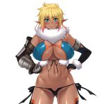  1girl aoi_nagisa_(metalder) aqua_eyes asymmetrical_gloves black_panties blonde_hair boots breasts curvy elbow_gloves elda_ballad elf erect_nipples female fur_trim game_cg gloves gluteal_fold gradient_hair hair_between_eyes hand_on_hip hands_on_hip happy highres huge_breasts looking_at_viewer multicolored_hair navel official_art panties pink_hair pointy_ears revealing_clothes shiny shiny_skin short_hair simple_background solo thighhighs thong underwear upper_body white_background youkoso!_sukebe_elf_no_mori_he 