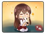  :t =_= akagi_(kantai_collection) artist_name bangs black_border blush border brown_hair chibi closed_eyes commentary_request eating eyebrows_visible_through_hair food full_body hip_vent holding holding_food japanese_clothes kantai_collection kimono long_hair long_sleeves mochi mochi_trail pantyhose red_skirt seiza sidelocks signature sitting skirt smile solo sparkle taisa_(kari) very_long_hair wagashi white_kimono white_legwear wide_sleeves 