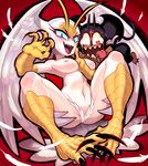  1girl blue_eyes breasts claws demon_boy devilman fangs feathered_wings feathers fudou_akira gashi-gashi harpy head_wings heart heart-shaped_pupils highres horns large_wings monster_boy monster_girl nipples open_mouth red_background siren_(devilman) sitting smile spread_legs symbol-shaped_pupils talons wings 