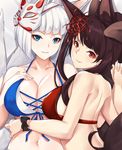  akagi_(azur_lane) animal_ears azur_lane bangs bikini black_scrunchie blunt_bangs breasts brown_hair cleavage collarbone eyeliner fox_ears fox_mask fox_tail kaga_(azur_lane) kitsune large_breasts long_hair looking_at_viewer makeup mask mask_on_head multiple_girls multiple_tails navel parted_lips red_eyes scrunchie short_hair smile swimsuit tail tony_guisado white_hair wrist_scrunchie yuri 