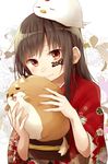  2018 animal animal_on_head bird blush brown_eyes brown_hair chicken chinese_zodiac commentary_request dog floral_background floral_print head_tilt highres holding holding_animal japanese_clothes kimono long_hair long_sleeves looking_at_viewer new_year obi on_head original print_kimono red_kimono sash satou_saya solo sweat upper_body white_background wide_sleeves year_of_the_dog 