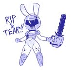  2018 anthro armor blood bottomless chainsaw clothed clothing digital_media_(artwork) disfigure doom doombun english_text faceless female gloves helmet lagomorph mammal monochrome navel pose pussy rabbit sex short_stack simple_background solo spread_arms spread_legs spreading standing text tools video_games white_background 