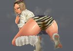  1girl all_fours ass bent_over blonde_hair bottomless ganguro looking_back loose_socks panties pussy school_uniform socks solo stained_panties steam striped tagme tan_skin thighs 