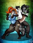  anthro black_hair blue_eyes breasts chest_tuft clothed clothing duo english_text female ferret fur grey_fur hair male mammal mask_(marking) mustelid orange_hair shawnthegirl skacoon skirt text tuft 