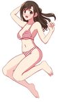  absurdres barefoot bikini black_hair breasts brown_eyes full_body hair_bun half_updo highres idolmaster idolmaster_cinderella_girls long_hair medium_breasts one_side_up open_mouth red_bikini sakurano_yukke shimamura_uzuki simple_background smile solo striped striped_bikini swimsuit white_background 