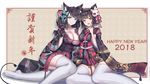  2girls :&gt; :d animal_ears azur_lane bell black_hair black_kimono blue_eyes blush breast_suppress breasts brown_background butterfly_hair_ornament closed_mouth collarbone english eyebrows_visible_through_hair fang floral_print fusou_(azur_lane) hair_ornament happy_new_year head_tilt highres j_junz japanese_clothes jingle_bell kimono kimono_skirt large_breasts long_hair looking_at_viewer mask multiple_girls new_year number obi open_mouth paw_background paw_print red_eyes sash short_hair silhouette sitting smile thighhighs white_legwear yamashiro_(azur_lane) 