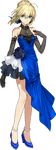  ahoge alternate_costume anklet arm_at_side artoria_pendragon_(all) bare_shoulders black_gloves blonde_hair blue_dress blue_eyes braid dress elbow_gloves eyebrows_visible_through_hair fate/extella fate/extella_link fate/extra fate/stay_night fate_(series) full_body gloves hair_between_eyes hair_ribbon halter_top halterneck high_heels jewelry looking_at_viewer official_art ribbon saber short_hair solo transparent_background wada_aruko 
