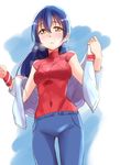  bangs blue_hair blue_pants commentary_request cowboy_shot eyebrows_visible_through_hair hair_between_eyes jacket long_hair love_live! love_live!_school_idol_project navel open_clothes open_jacket pants red_shirt shirt short_sleeves simple_background solo sonoda_umi sweat track_jacket undressing urutsu_sahari wristband yellow_eyes 