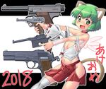 2018 :d animal_ears bandaged_arm bandages bangs bare_shoulders blush browning_hi-power budget_sarashi cat_ears cat_tail choker detached_sleeves fang green_eyes green_hair gun handgun hase_yu hip_vent holding holding_gun holding_weapon looking_at_viewer luger_p08 mauser_c96 nambu_type_14 navel no_panties nose_blush nyano open_mouth original outstretched_arms pistol ribbon-trimmed_sleeves ribbon_trim sarashi short_hair single_detached_sleeve smile solo strap_slip tail tareme thighhighs translation_request trigger_discipline two-tone_background v-shaped_eyebrows weapon white_legwear 