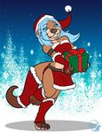  anthro blue_eyes blue_hair bouncyotter breasts brown_fur christmas clothed clothing female fur gift hair hat holidays mammal midriff mustelid otter santa_hat shawnthegirl smile solo 