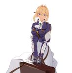  blonde_hair braid dress eyebrows_visible_through_hair hair_ornament holding_briefcase long_hair looking_at_viewer puffy_sleeves purple_eyes smile solo violet_evergarden violet_evergarden_(character) zise_renxing 