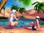  1girl aka6 ass back_cutout barefoot blindfold breasts commission covered_eyes desert from_behind full_body large_breasts lips muscle nier_(series) nier_automata oasis one-piece_swimsuit short_hair shorts silver_hair sitting squatting swimsuit thighs tiptoes toned water white_swimsuit yorha_no._2_type_b yorha_no._9_type_s 