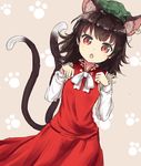  :o alternate_hair_length alternate_hairstyle animal_ears brown_hair cat_ears cat_tail chen chinese_clothes coraman extra_ears green_hat hands_up hat jewelry long_sleeves looking_at_viewer medium_hair multiple_tails paw_background red_eyes red_skirt single_earring skirt skirt_set slit_pupils solo tail touhou two_tails vest white_neckwear 