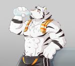  2018 abs anthro biceps big_muscles clothing digital_media_(artwork) feline fur greydaboy hi_res male mammal muscular muscular_male pecs red_eyes stripes tiger tuft white_fur white_tiger 