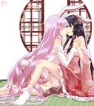  animal_ears artist_name bare_shoulders barefoot black_eyes black_hair blush breasts bunny_ears bunny_tail cleavage closed_eyes commentary_request hands_clasped highres houraisan_kaguya imminent_kiss japanese_clothes kemonomimi_mode kimono large_breasts long_hair mana_(tsurubeji) multiple_girls off_shoulder outline own_hands_together parted_lips petticoat pink_hair pink_kimono pink_skirt profile reisen_udongein_inaba seiza shirt sidelocks signature simple_background sitting skirt socks tail tatami touhou very_long_hair white_background white_legwear white_outline white_shirt yuri 