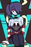  1girl bare_shoulders blue_skin breasts detached_collar detached_sleeves hair_over_one_eye long_hair looking_at_viewer purple_hair red_eyes skullgirls solo squigly_(skullgirls) stitched_mouth stitches striped striped_sleeves zombie 
