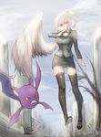  black_footwear black_legwear breasts crobat day emblem floating gen_2_pokemon heoningu high_heels highres holding holding_poke_ball kishin_sagume long_sleeves looking_at_viewer medium_breasts outdoors pencil_skirt poke_ball pokemon pokemon_(creature) red_eyes shoes silver_hair single_wing skirt sky solo team_rocket_uniform thighhighs touhou ultra_ball wings zettai_ryouiki 