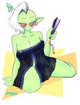  2017 5_fingers alien breasts cleavage clothed clothing digital_media_(artwork) eyeshadow female freckles green_skin hair half-closed_eyes handheld_fan hi_res humanoid lord_dominator makeup minoss mohawk nightgown not_furry piercing pose pussy red_sclera sitting solo spread_legs spreading translucent wander_over_yonder white_hair 