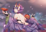  absurdres back cup fate/grand_order fate_(series) highres horns japanese_clothes looking_back multiple_horns oni oni_horns petals purple_eyes purple_hair sakazuki shuten_douji_(fate/grand_order) solo suo_niao wide_sleeves 