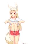  1girl animal_ear_fluff animal_ears areolae blonde_hair blush breasts collarbone cowboy_shot dated fang fox_ears fox_girl fox_tail highres kemo_(pokka) lifted_by_self long_hair looking_at_viewer navel no_bra open_mouth original red_eyes red_shorts shirt shirt_lift short_shorts short_sleeves shorts simple_background small_breasts solo sportswear standing tail thigh_gap underboob undressing white_background white_shirt 